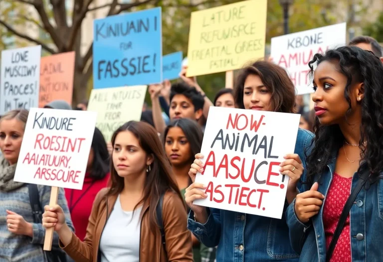 Community members holding signs for animal rights