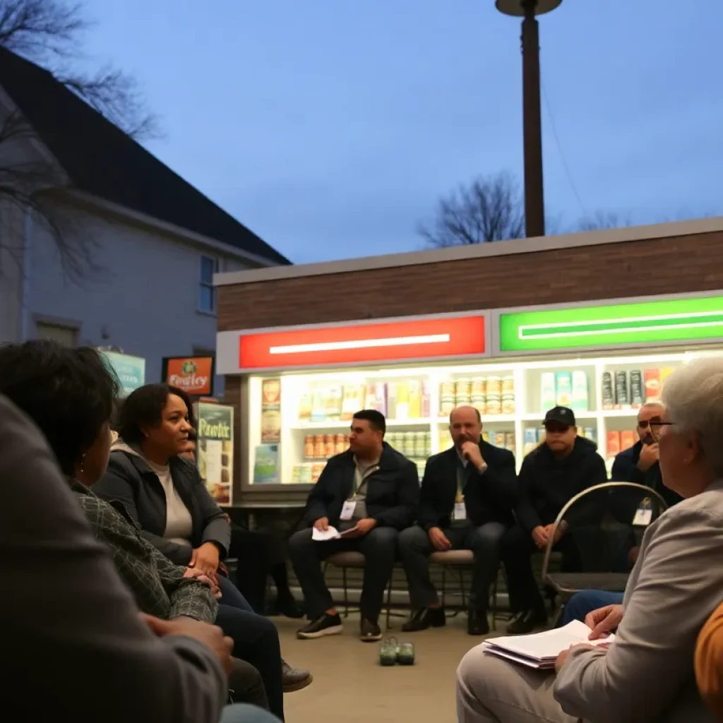 Residents discussing community issues related to a convenience store reopening