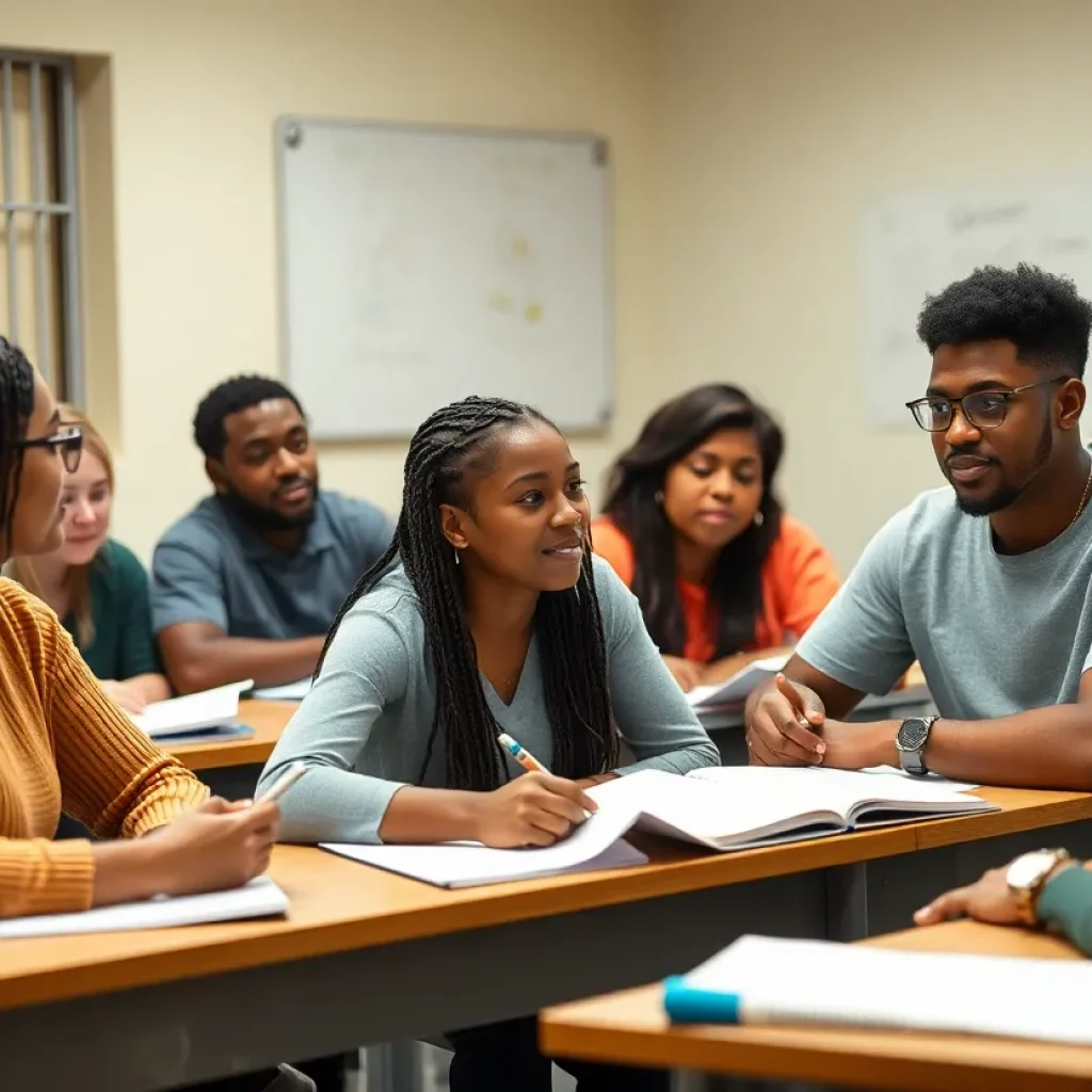 Classroom setting with individuals involved in educational activities in a prison.