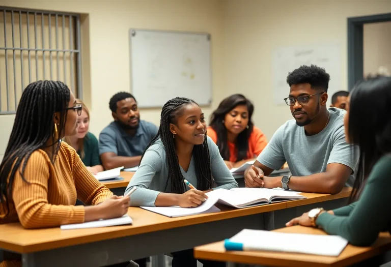 Classroom setting with individuals involved in educational activities in a prison.