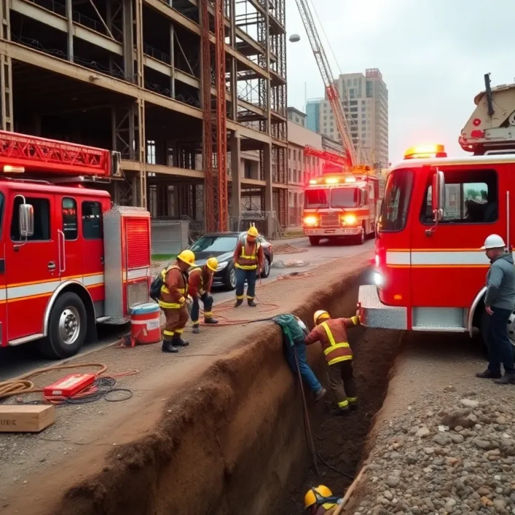 Fire trucks and rescue teams at a construction site in Newberry County