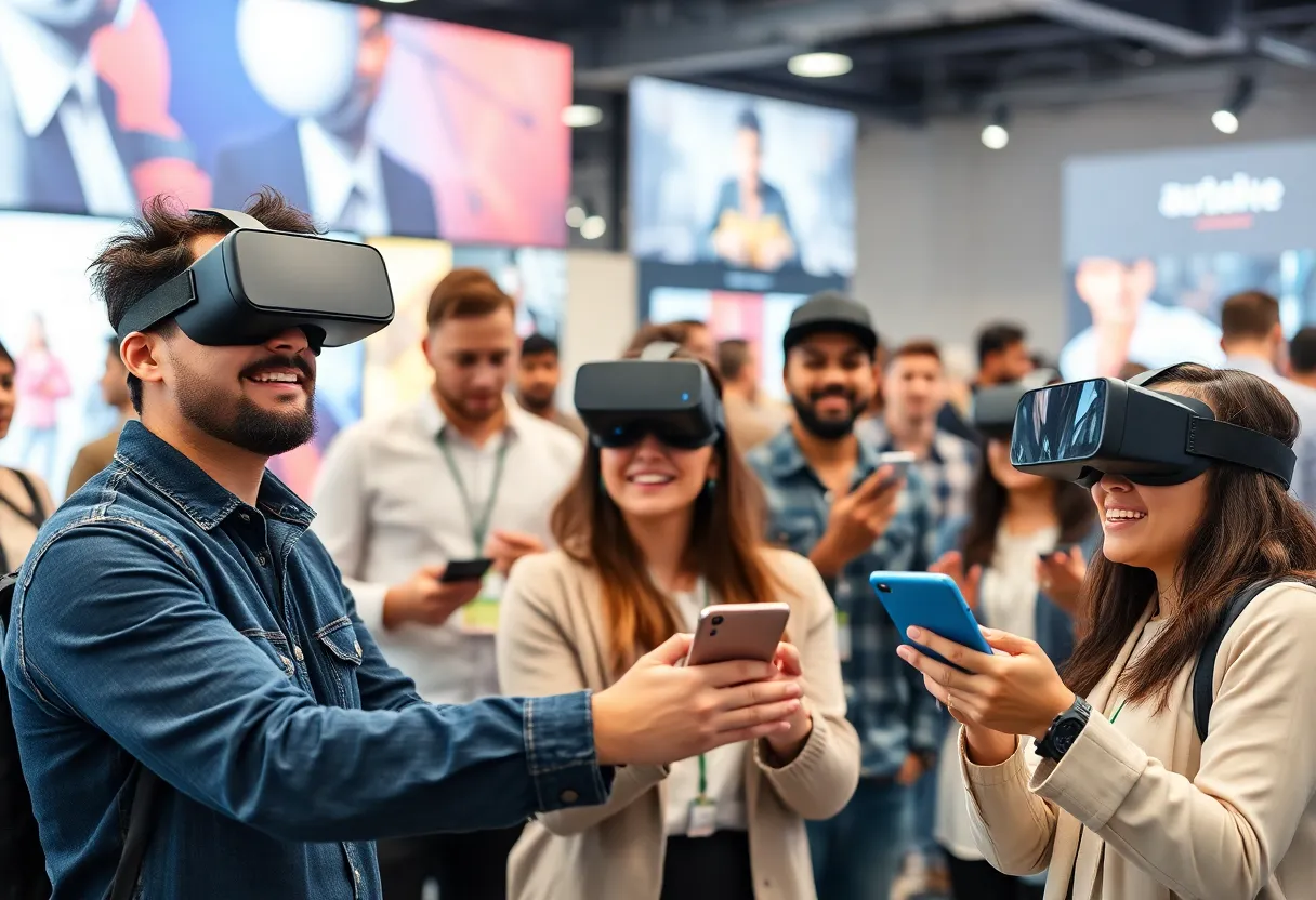 Group of people engaging with augmented reality and virtual reality brand experiences