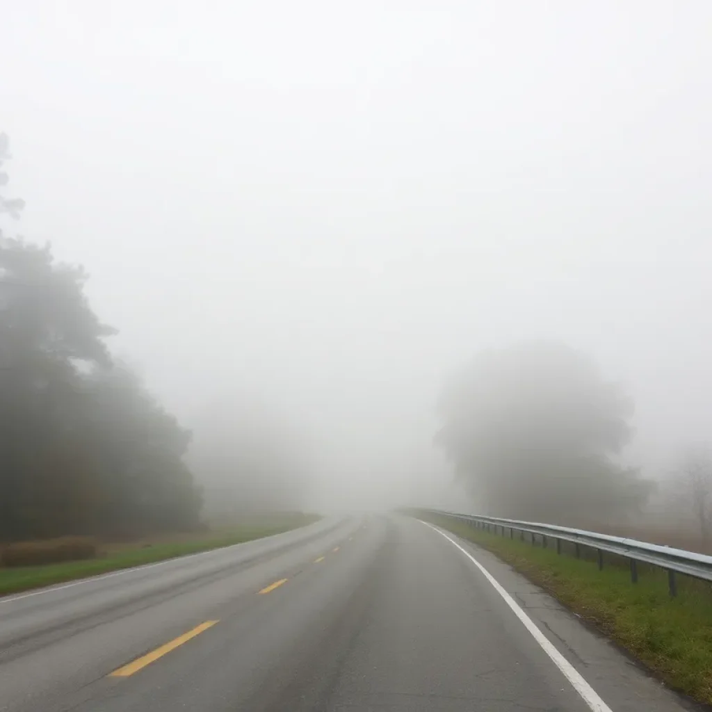 Foggy road in South Carolina under high winds