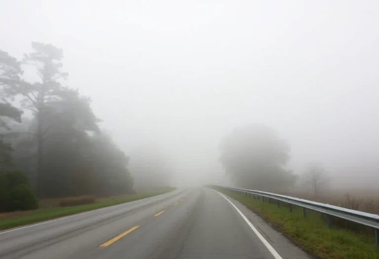 Foggy road in South Carolina under high winds