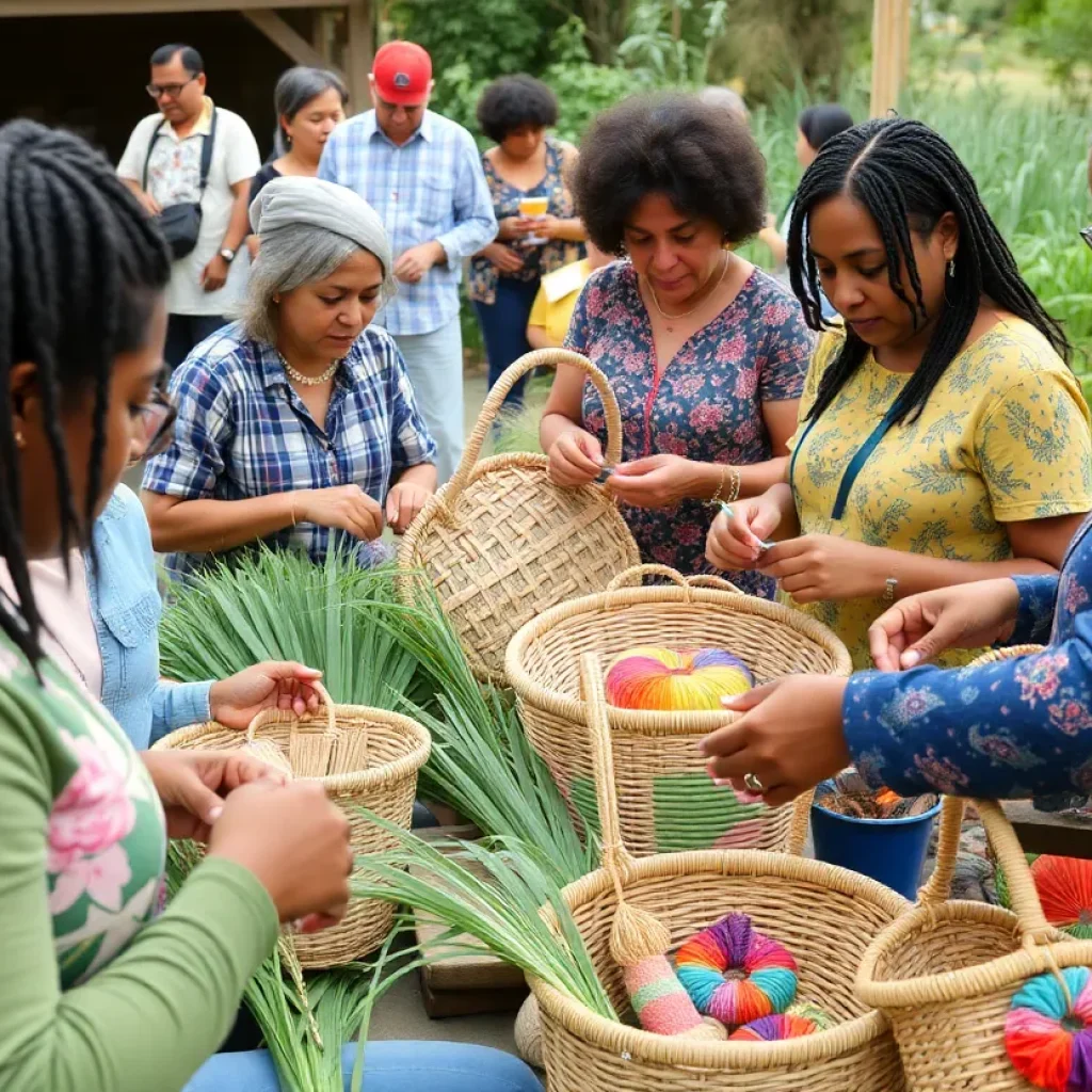 Participants crafting sweetgrass baskets at a workshop in Riverbanks Botanical Garden.