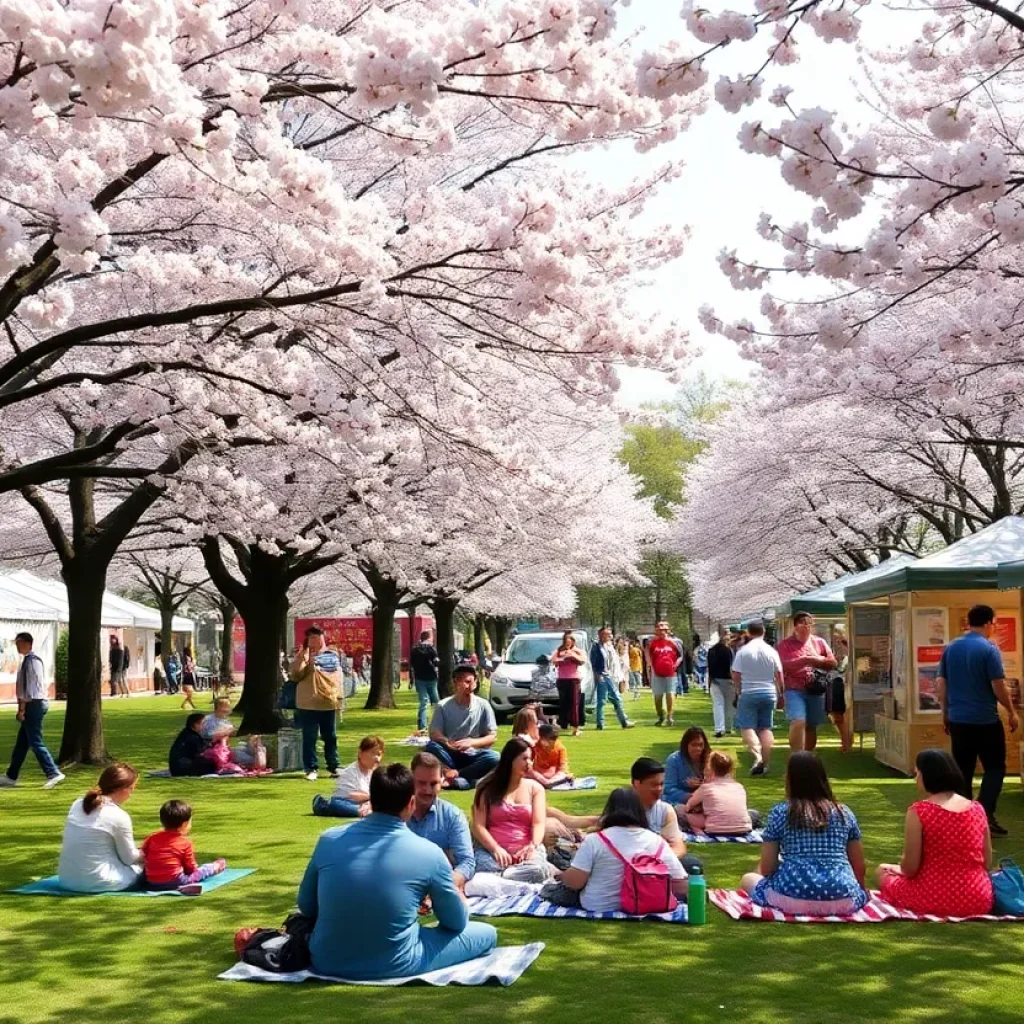 Families enjoying the Irmo Cherry Blossom Festival with blossoming cherry trees in the background.