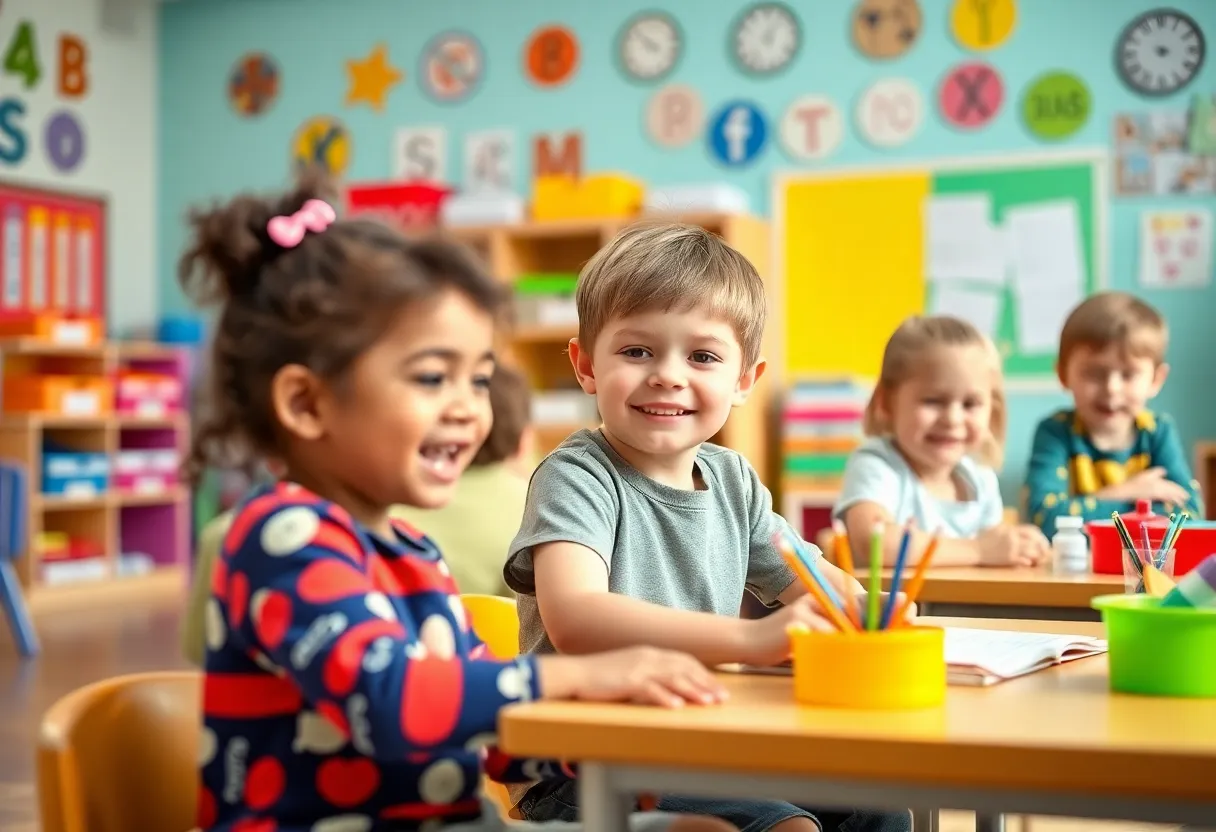 Children in a vibrant kindergarten classroom participating in learning activities.