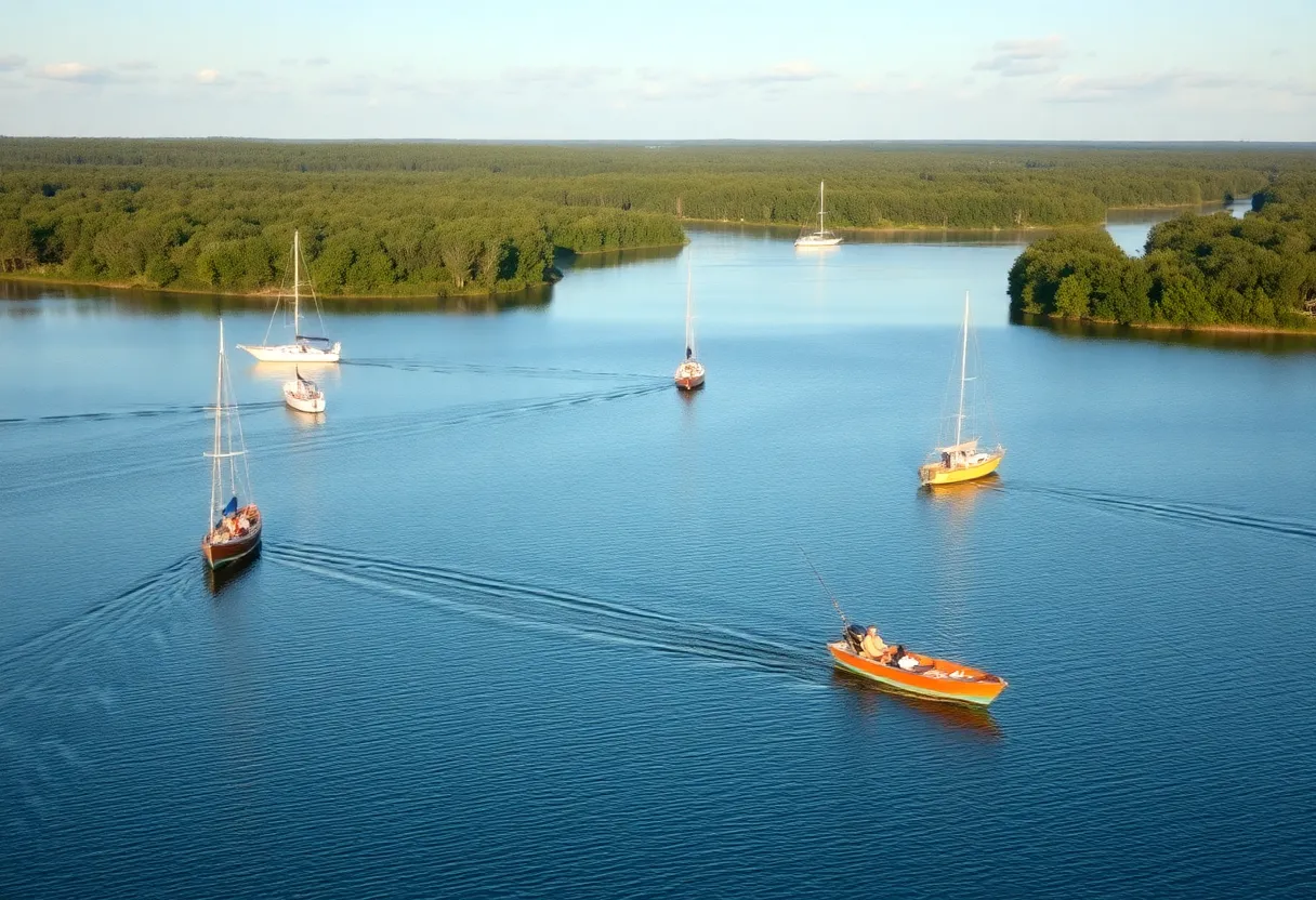 Scenic view of Lake Murray with fishing boats and summer scenery.