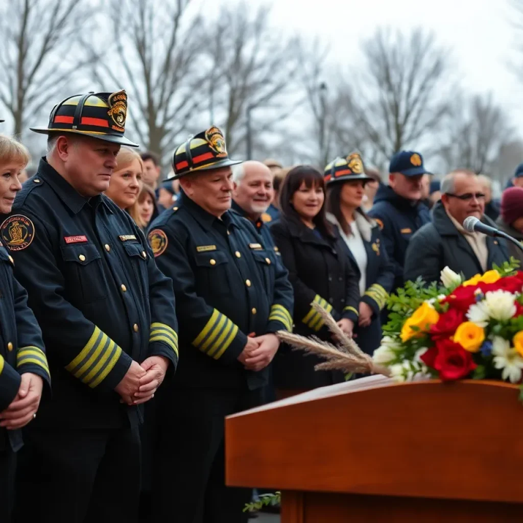 Ceremony honoring fallen firefighters in South Carolina with families and firefighters gathered together.