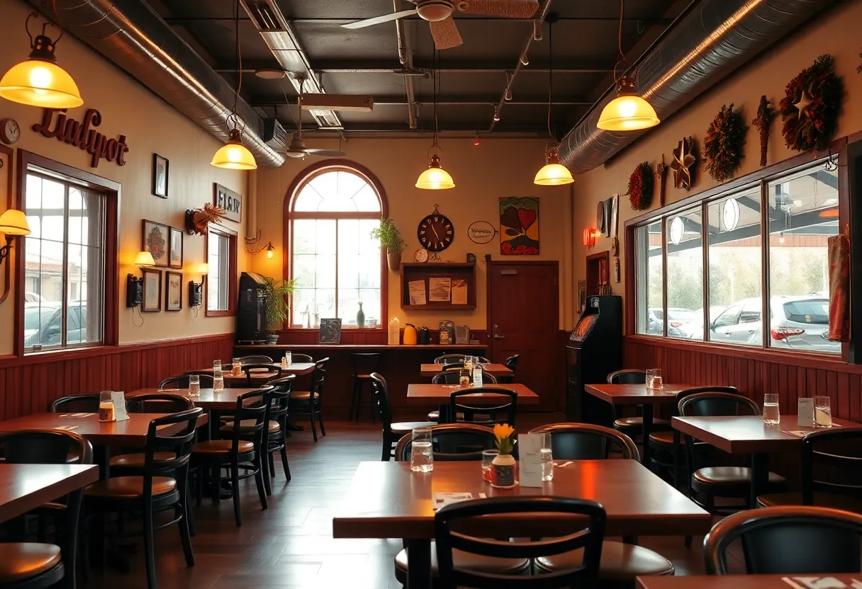 Cozy interior of RF's Corner Grill with dining tables