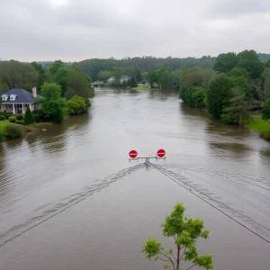 Flood warning conditions along the Saluda River in South Carolina