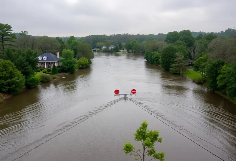 Flood warning conditions along the Saluda River in South Carolina