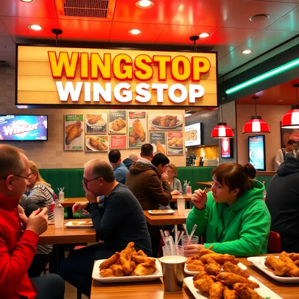 Interior of the new Wingstop restaurant with customers enjoying chicken wings