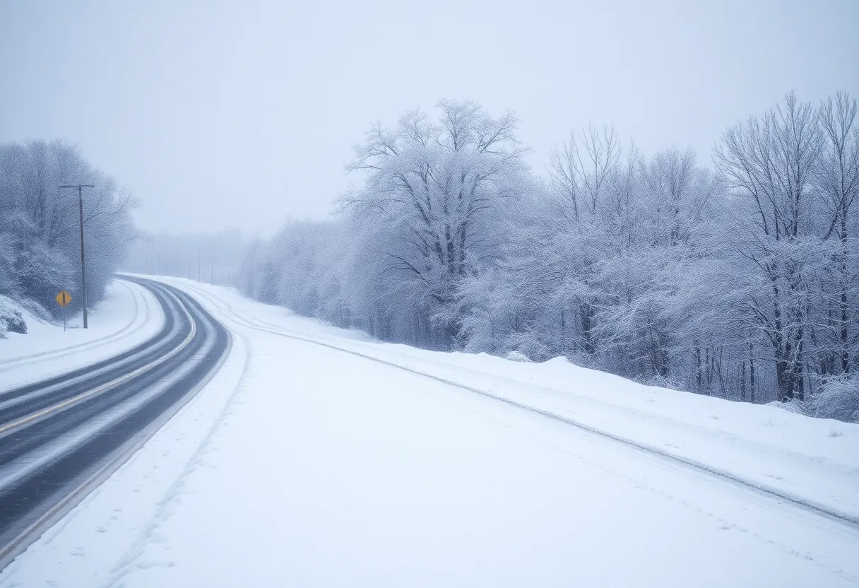 Snow-covered landscape with icy roads reflecting winter storm impacts.