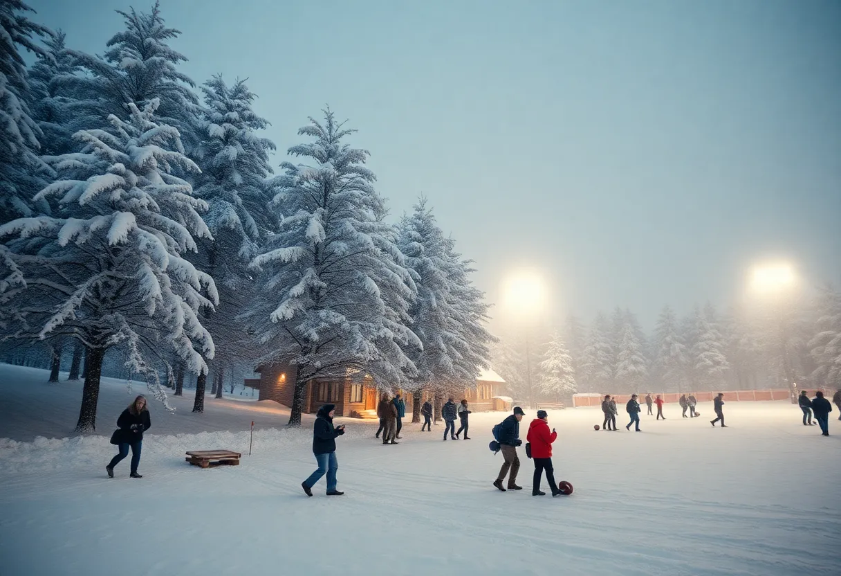 Heavy snowfall covering a winter landscape with trees and a football icon.