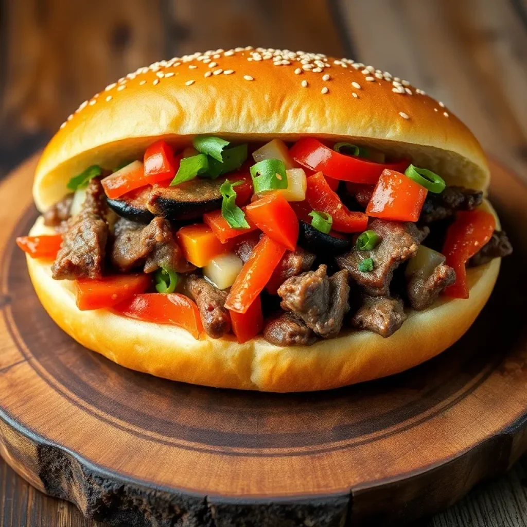 A mouth-watering cheesesteak sandwich with chopped steak and toppings