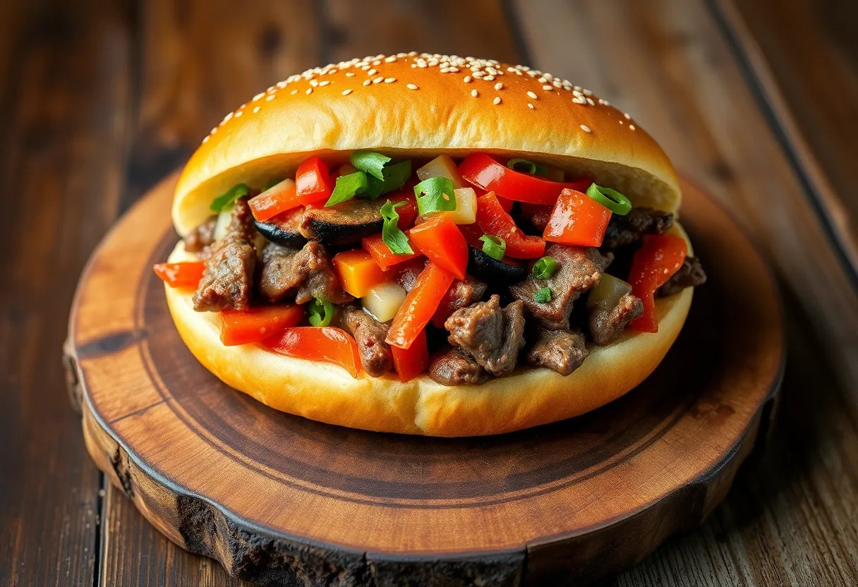 A mouth-watering cheesesteak sandwich with chopped steak and toppings