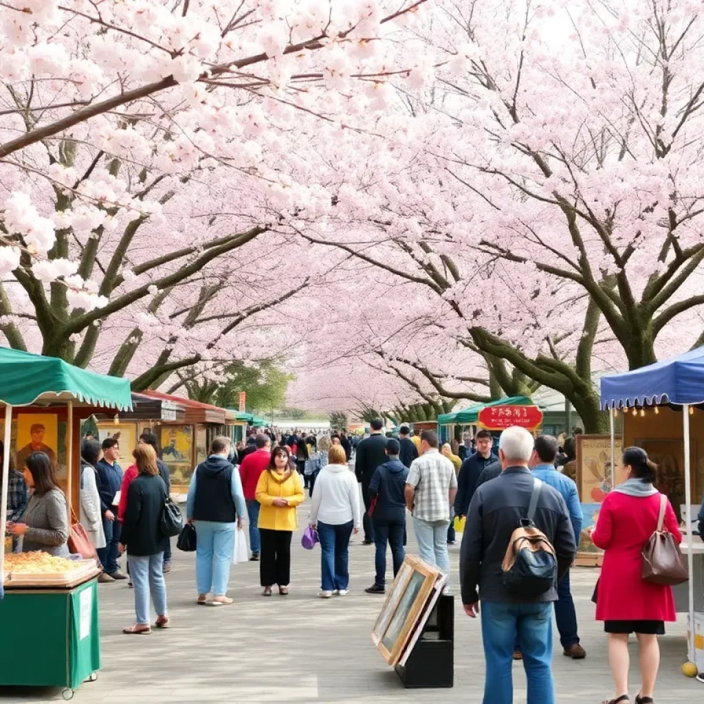 A bustling Cherry Blossom Festival in Irmo with blooming trees and festival-goers enjoying food and art.