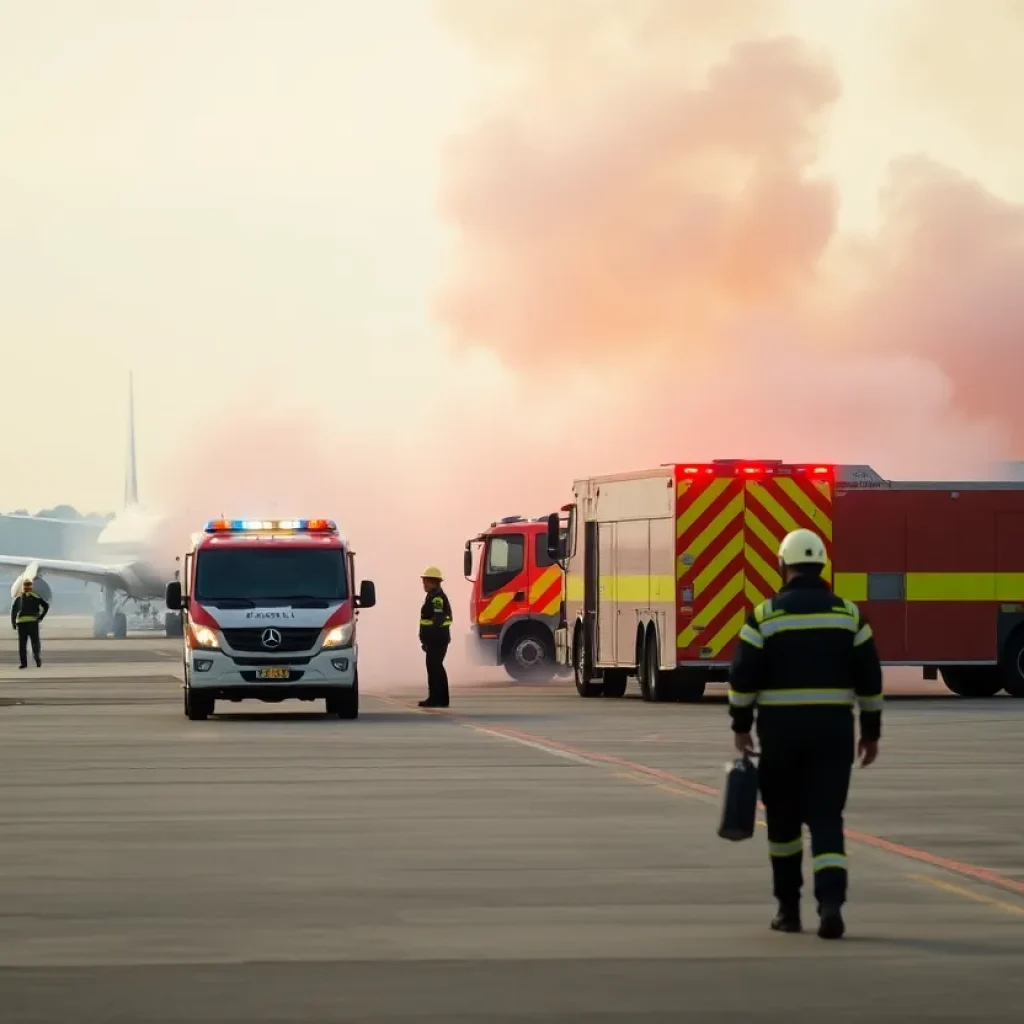 Emergency training exercise at Columbia Metropolitan Airport with emergency vehicles and smoke.