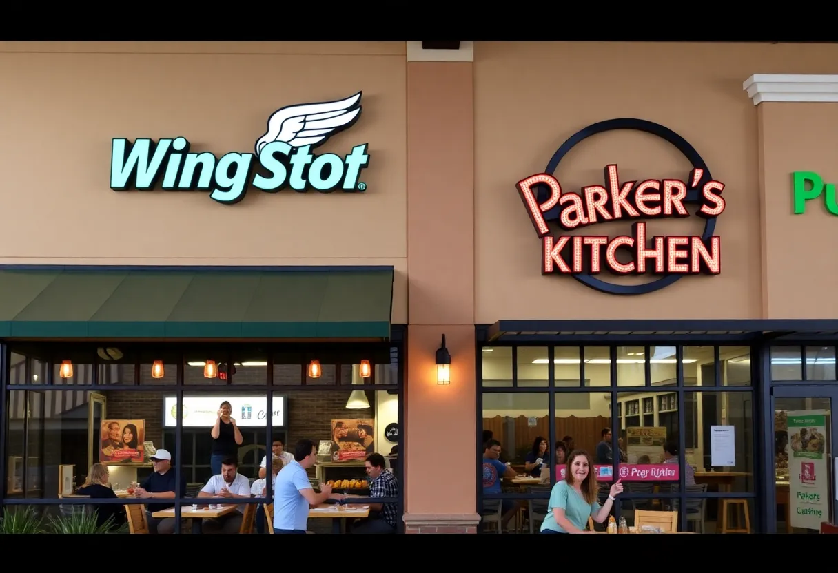 Wingstop and Parker's Kitchen logos in a bustling shopping center in Columbia