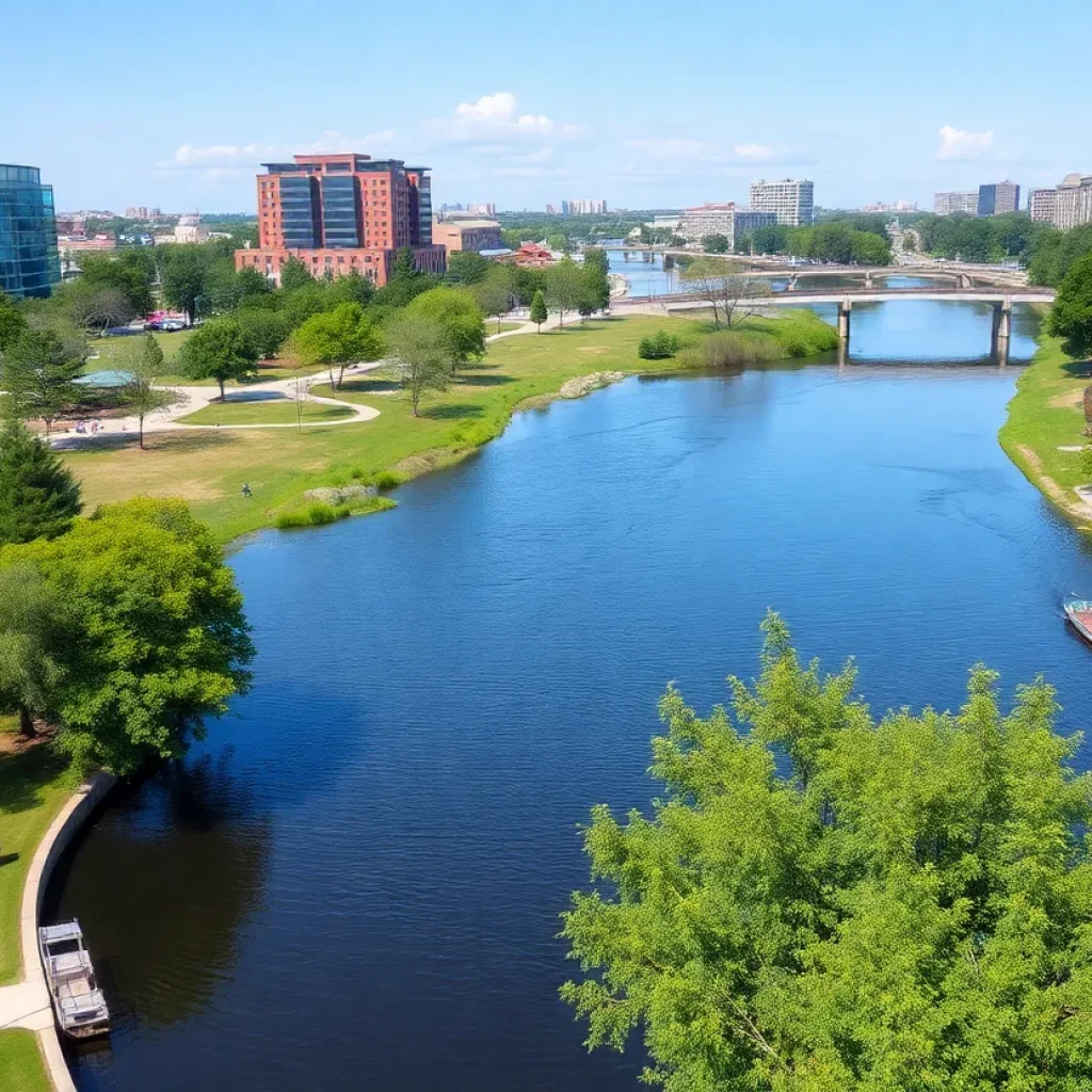 Rendering of the planned Columbia SC riverfront development featuring parks and restaurants.