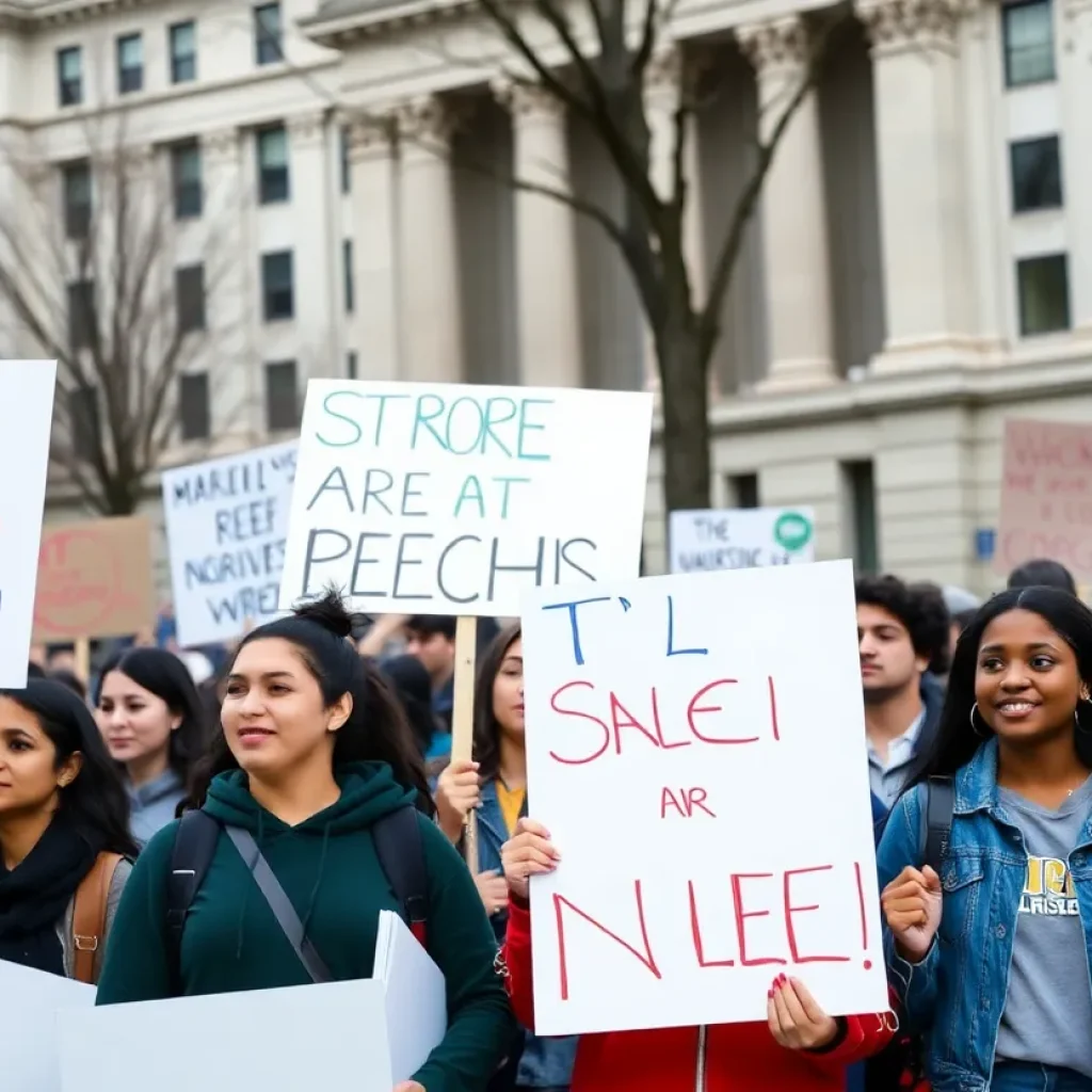 Students protesting at Columbia University advocating for free speech and social justice.