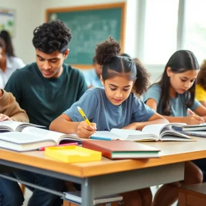 Students studying for scholarship applications