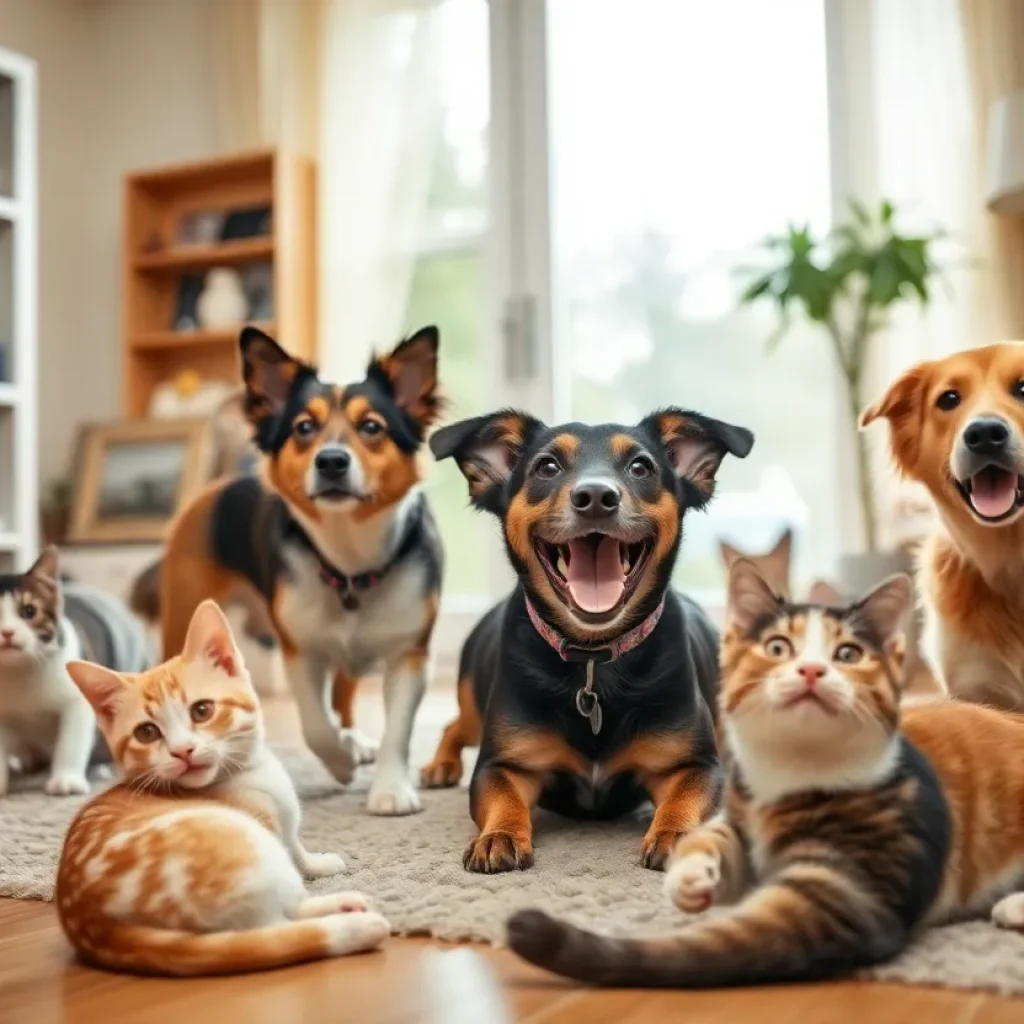 Dogs and cats playing together in a cozy home environment