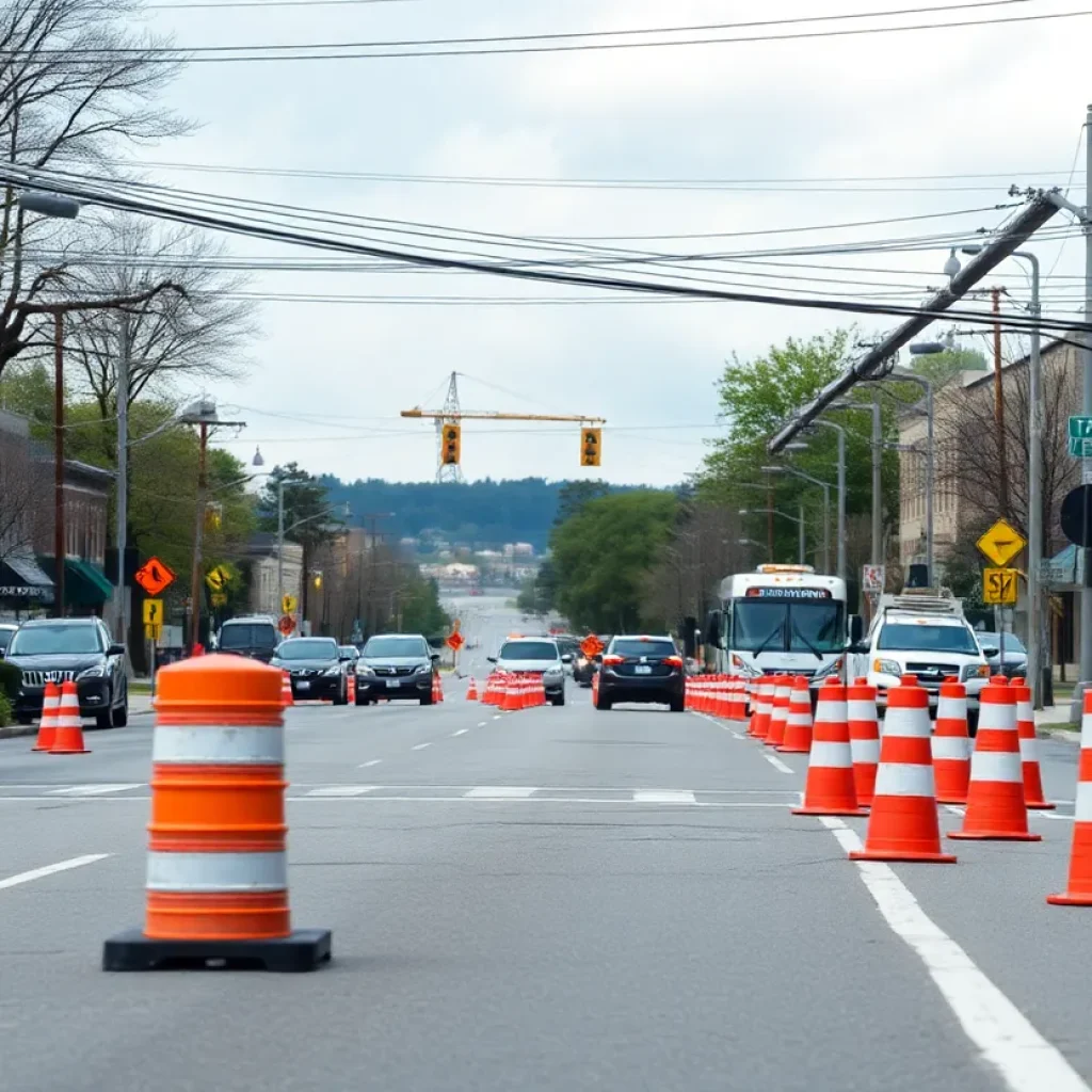 Traffic in Lexington affected by downed power line and construction.