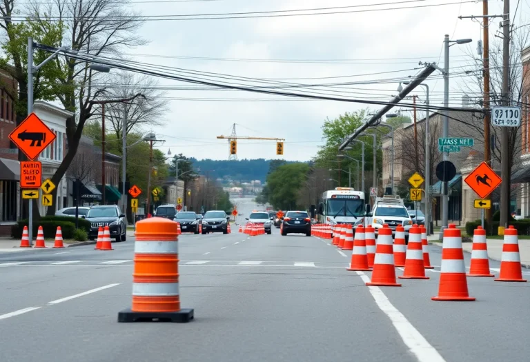 Traffic in Lexington affected by downed power line and construction.