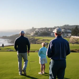 A picturesque view of Pebble Beach Golf Course with golfers in action and a vibrant sunset in the background.