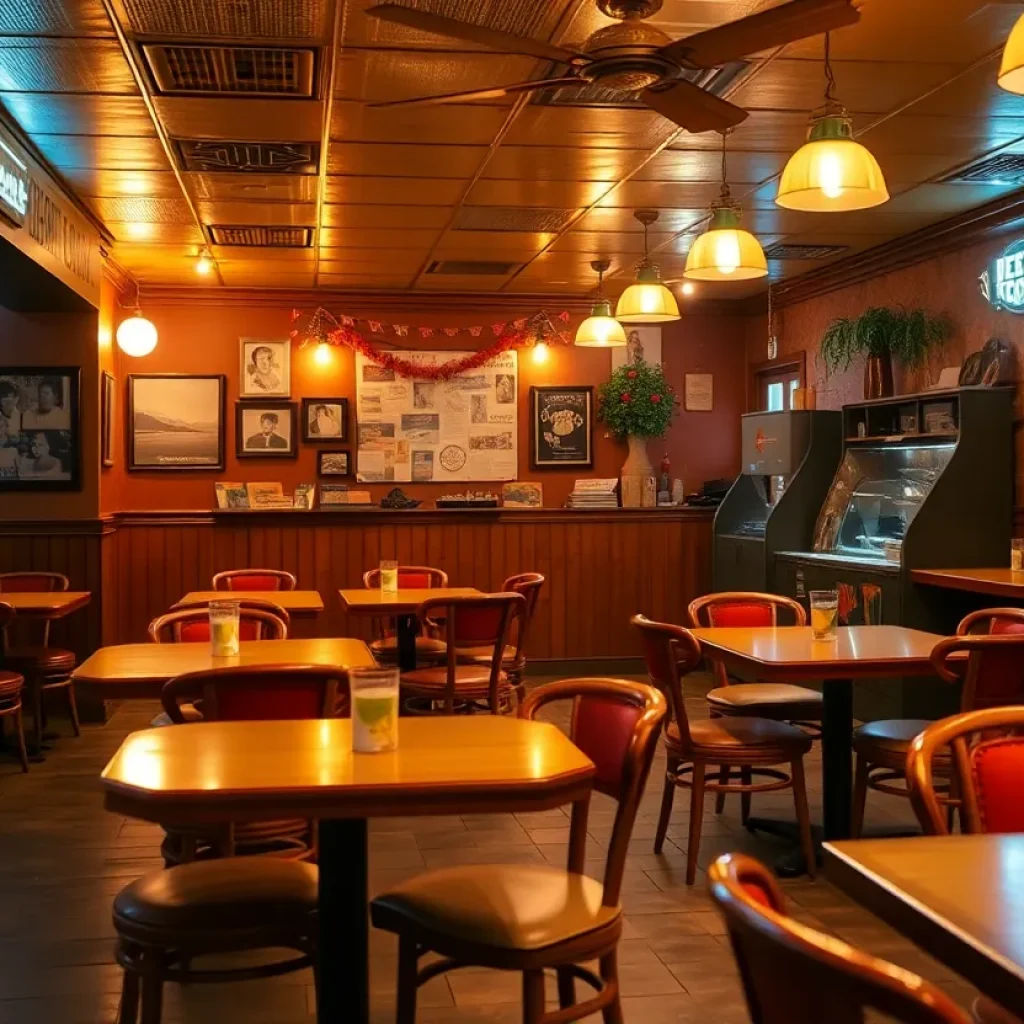 Interior of the beloved R.F.'s Corner Grill, showcasing empty tables and nostalgic decor.