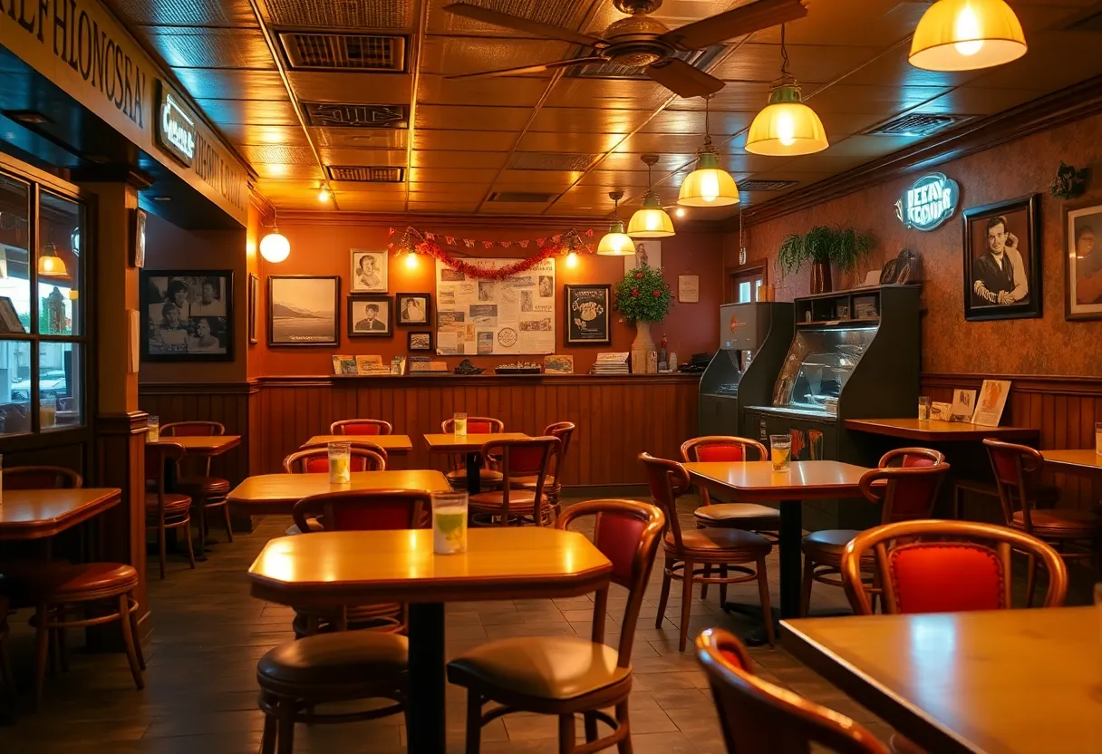 Interior of the beloved R.F.'s Corner Grill, showcasing empty tables and nostalgic decor.