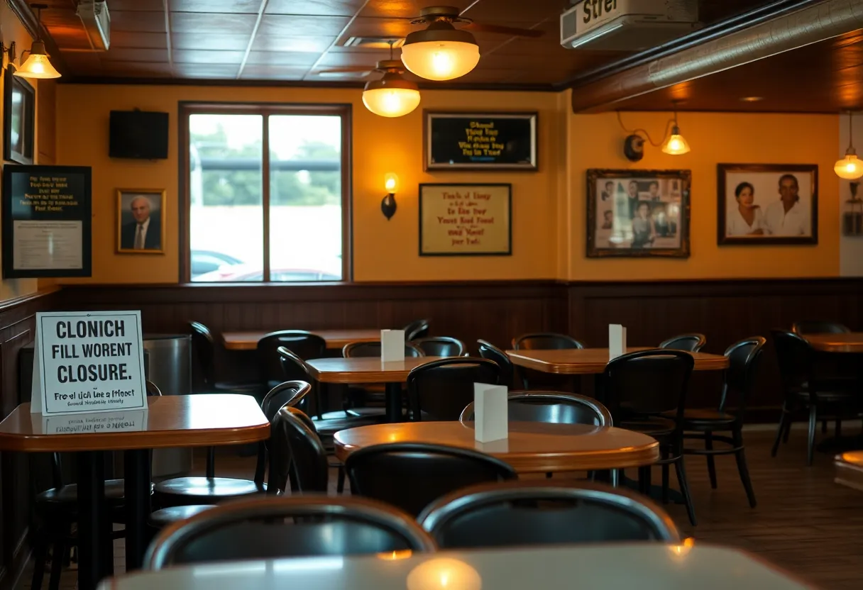 Interior of RF's Corner Grill with empty tables and closure notice