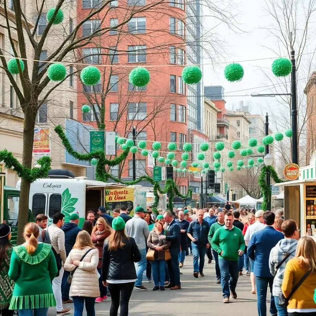 Crowd celebrating at St. Patrick's Day Festival in Columbia with food and music