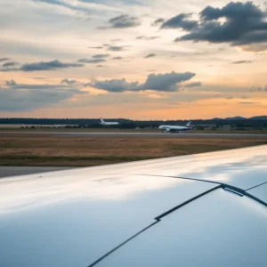 A tranquil aerial view of an airport and surroundings symbolizing aviation safety.