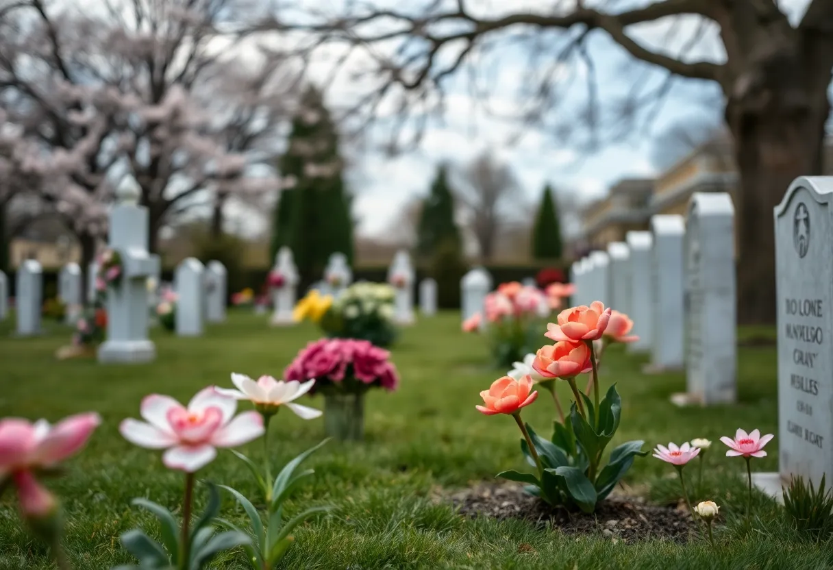 Graveside memorial service setup with flowers