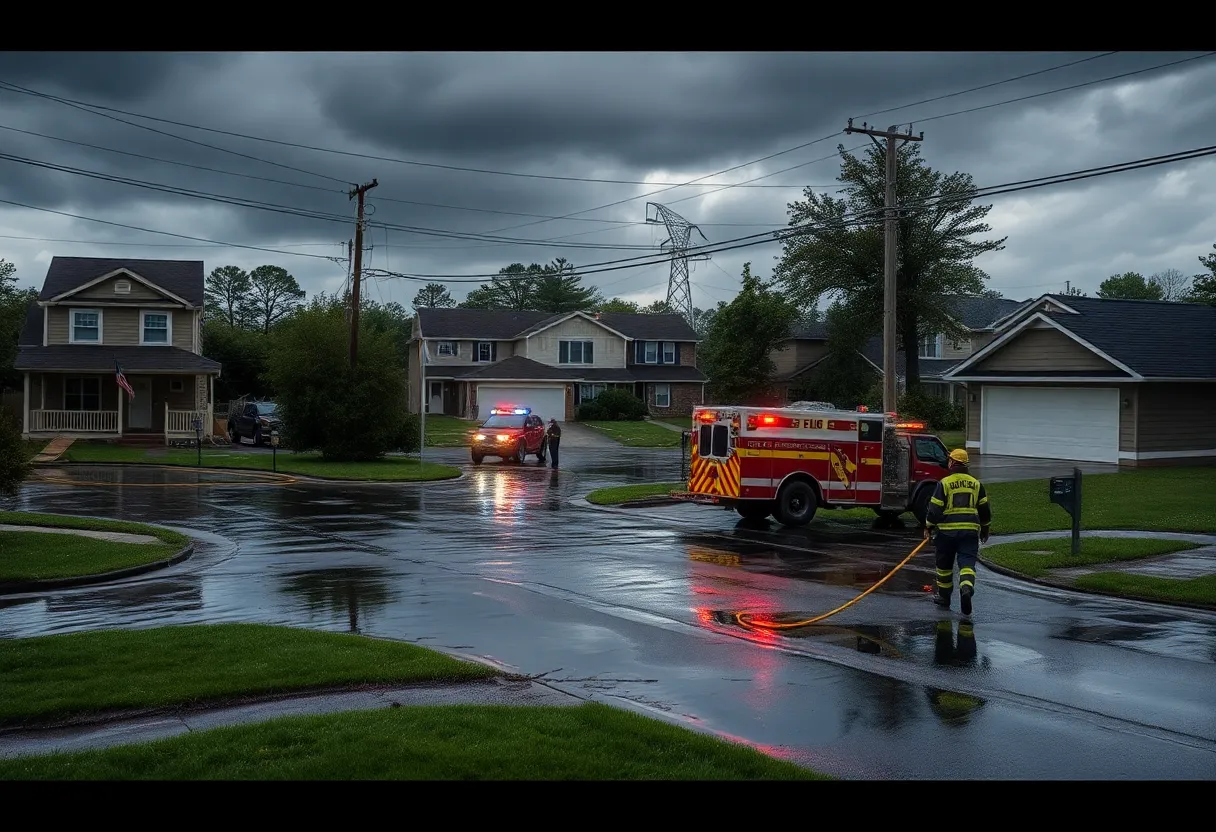 Severe storm damage with flooded areas and emergency responders