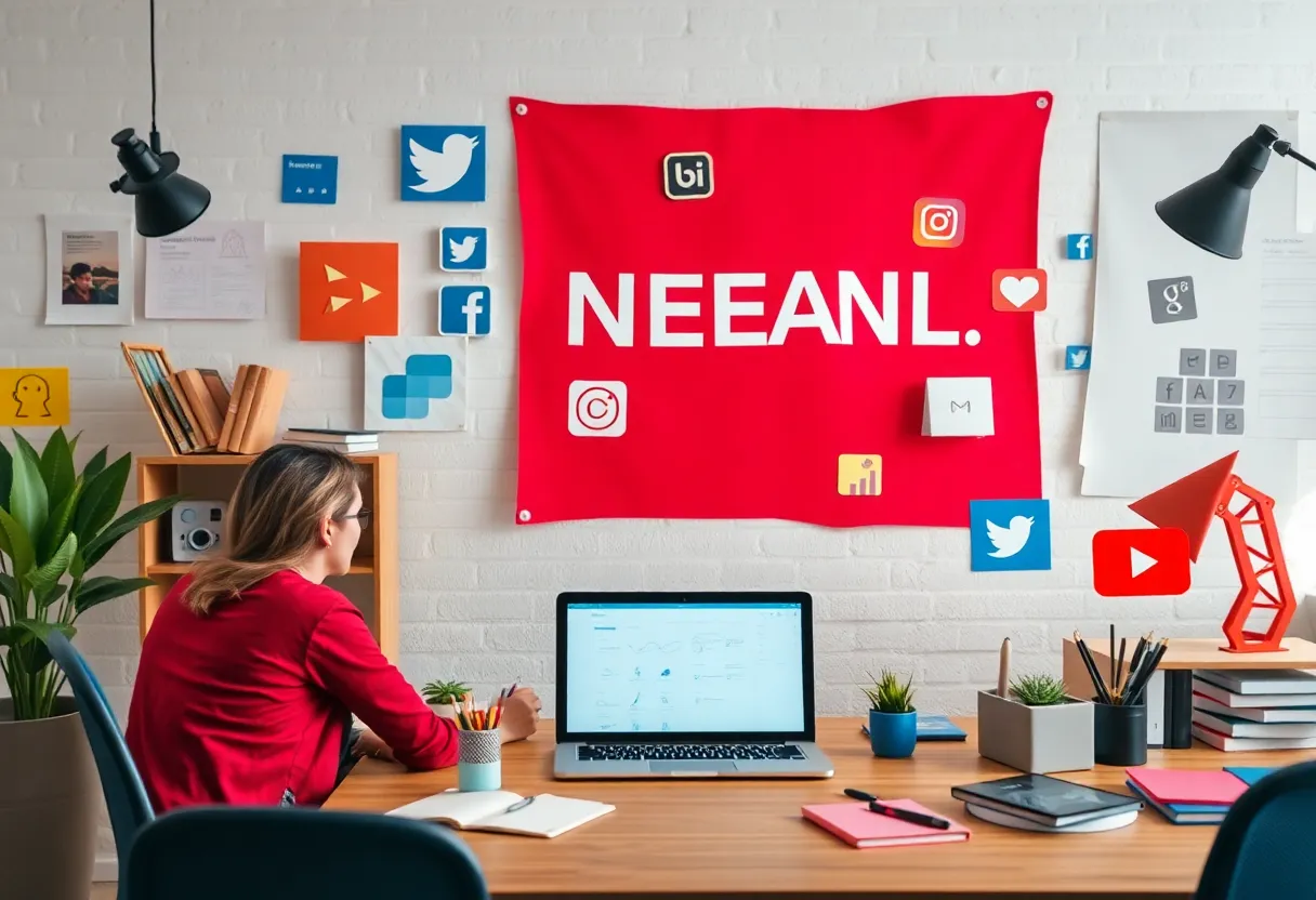 Digital marketing workspace featuring social media trends.