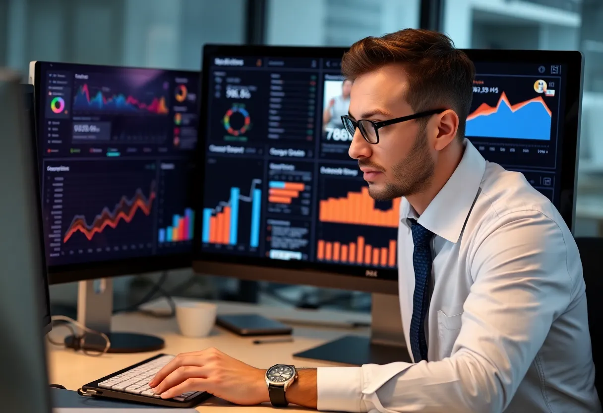 A marketing professional reviewing behavioral targeting analytics.