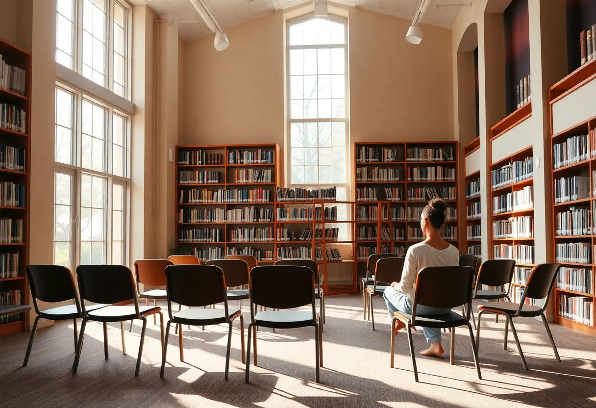 Participants practicing Chair Yoga in a library setting