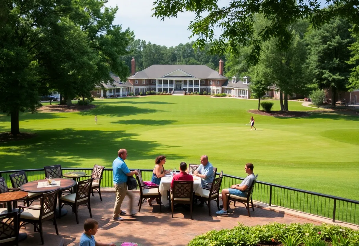A scenic view of the country club in Chapin SC featuring a golf course