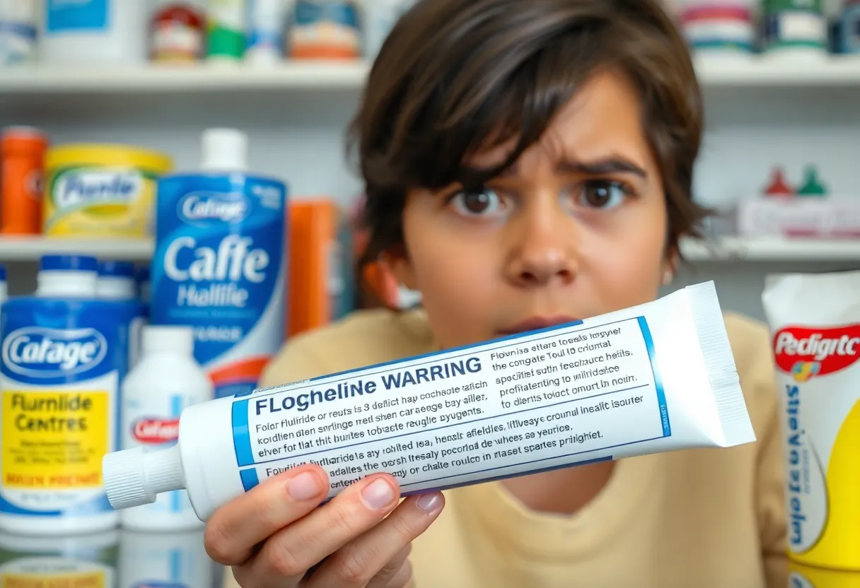 Parent examining fluoride toothpaste labels
