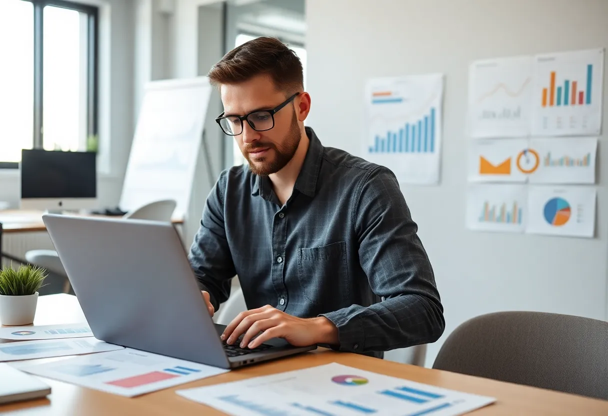 Digital marketer analyzing survey data on a laptop