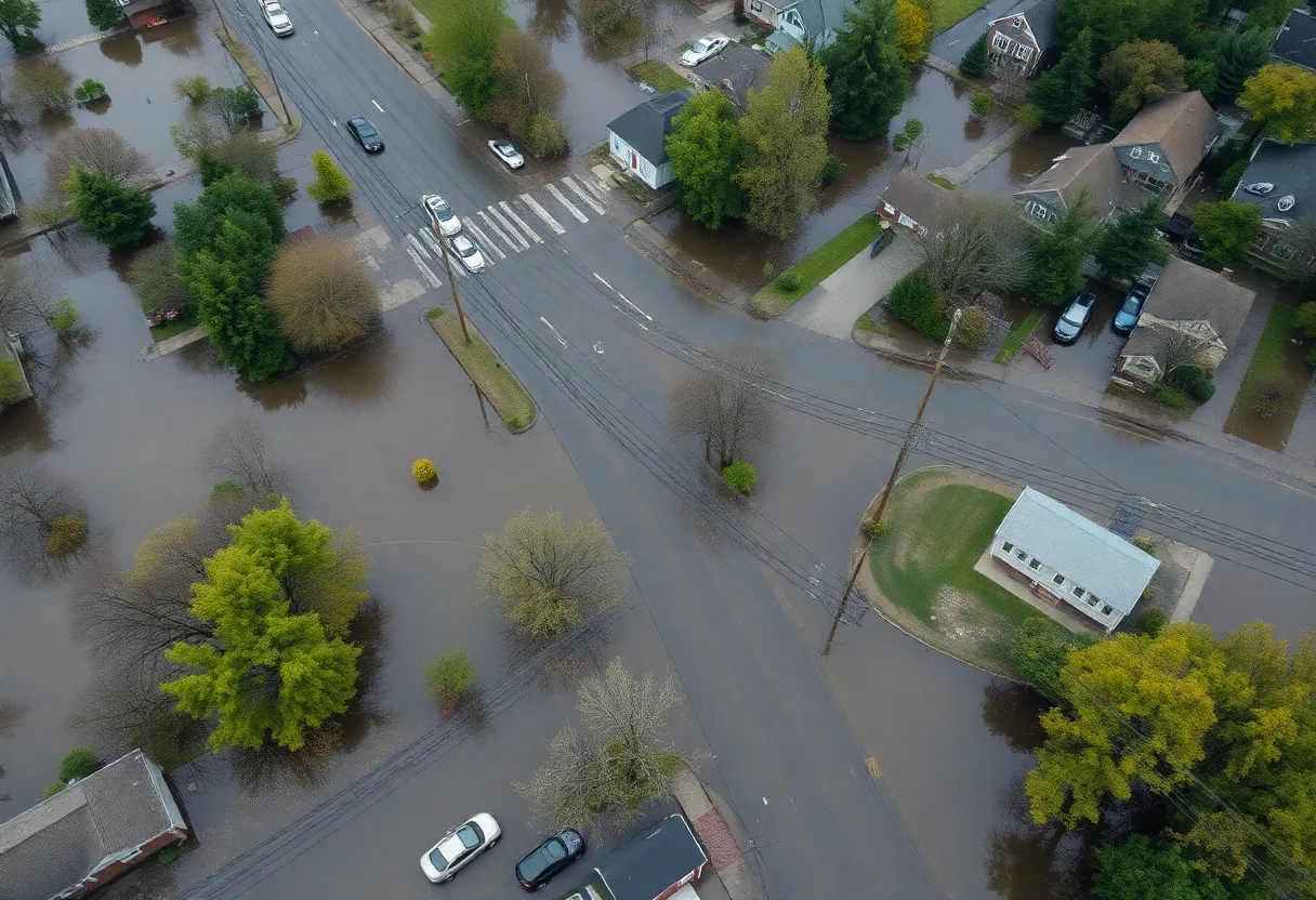 Aerial view of flooded streets and vehicles in Western Maryland