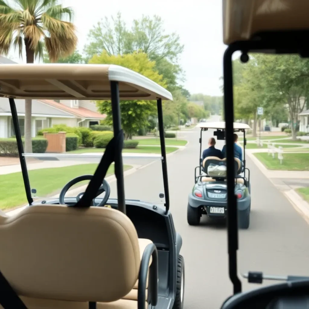 Golf carts on a public road with visible seatbelts for children.