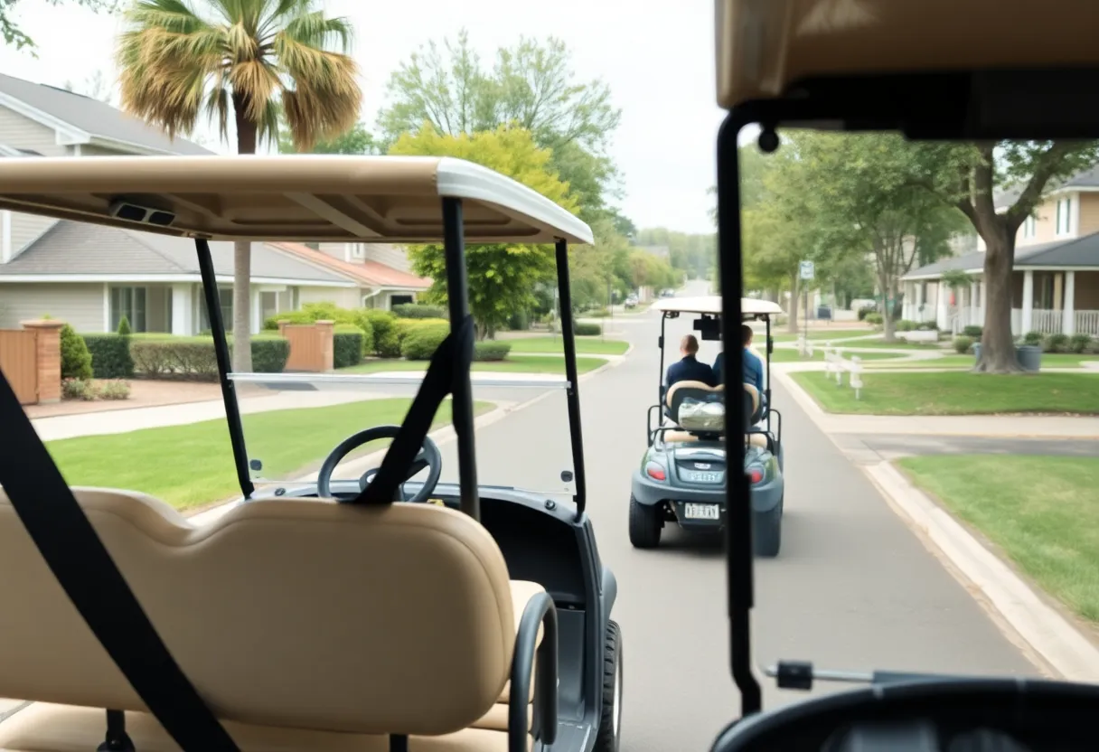 Golf carts on a public road with visible seatbelts for children.