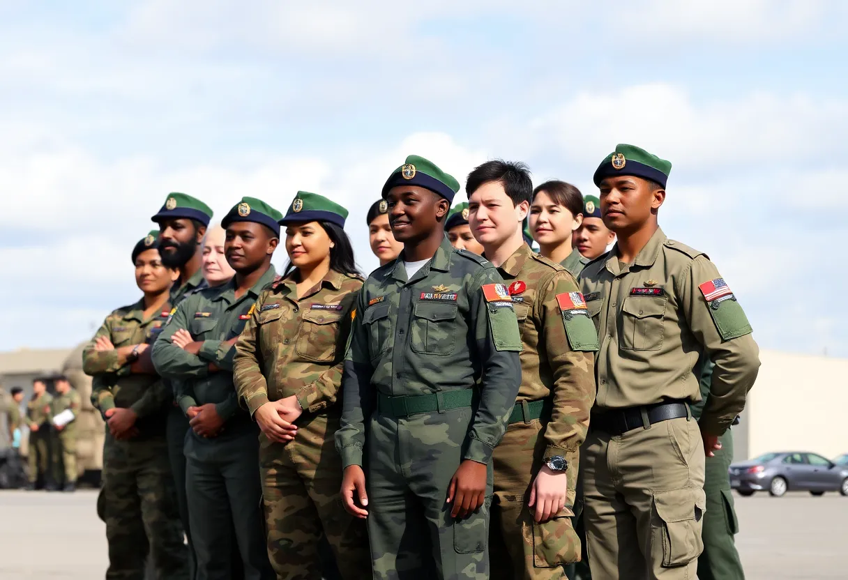 Diverse military personnel standing together in uniform.