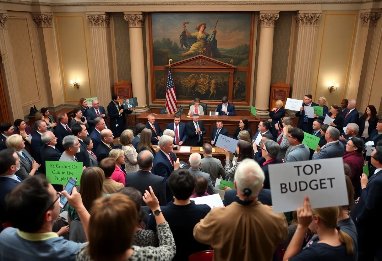 Lawmakers and citizens at Minnesota State Capitol discussing budget