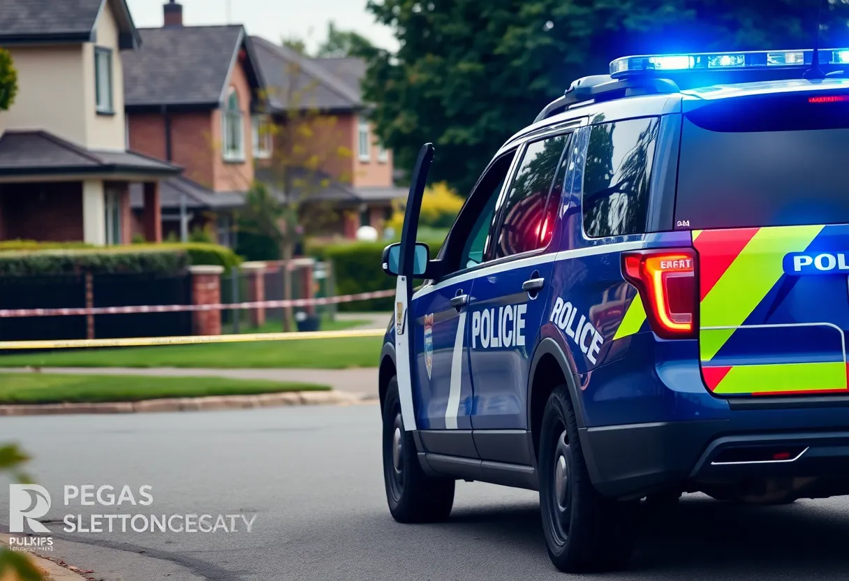 Police vehicle during domestic violence suspect search operation.